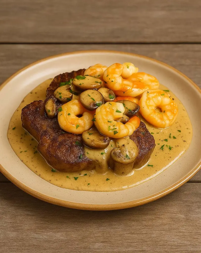 Steak et crevettes avec sauce crémeuse aux champignons