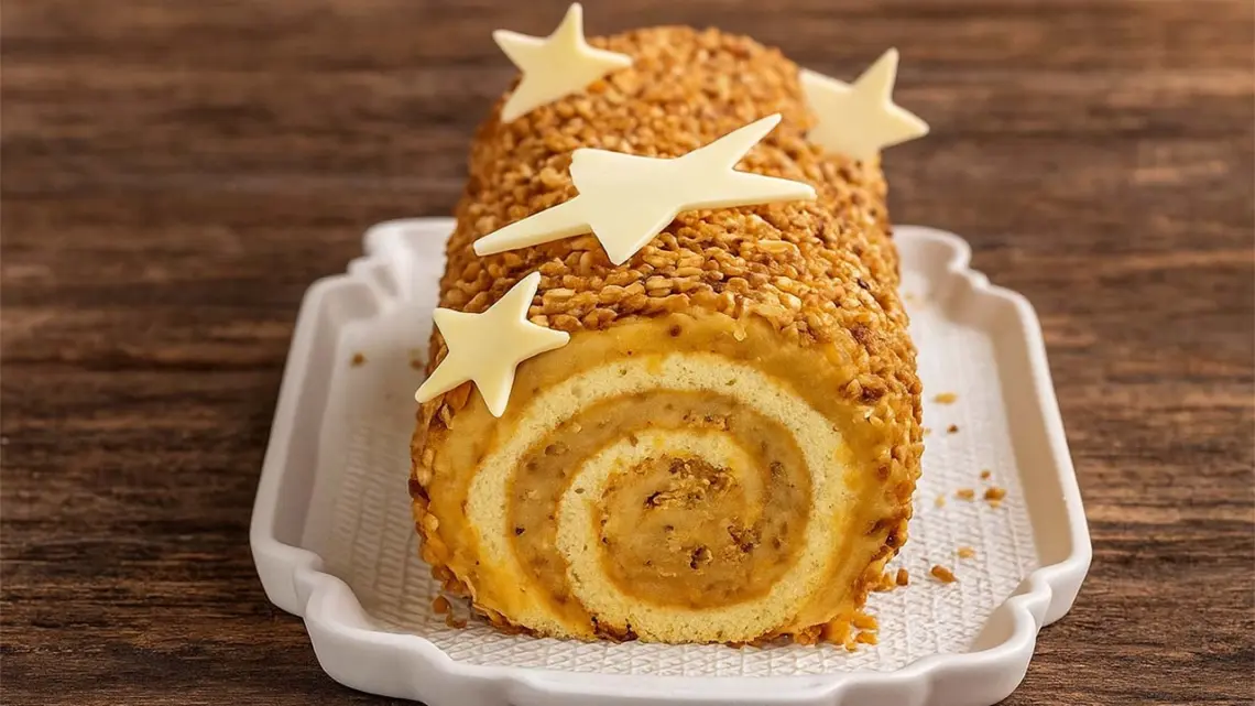 Bûche de Noël au café et au praliné : dessert de fête facile et raffiné
