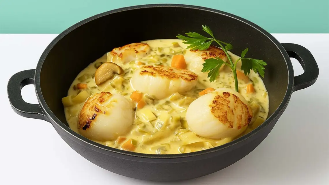 Cassolette de Saint-Jacques à la bretonne sur lit de tagliatelles fraîches