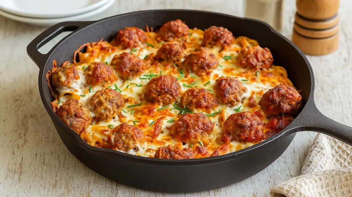 Gratin de linguine aux boulettes de viande et sauce tomate maison