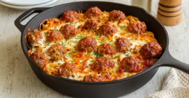 Gratin de linguine aux boulettes de viande et sauce tomate maison