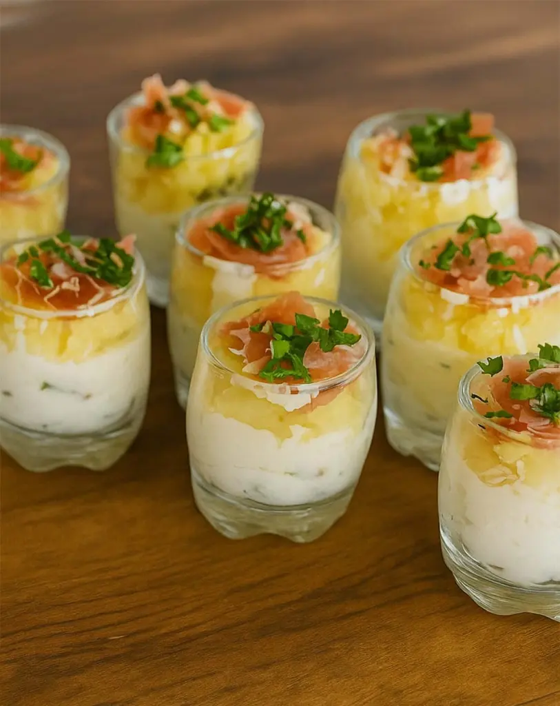 Verrines apéritives au chèvre frais, pommes fondantes et jambon cru croustillant