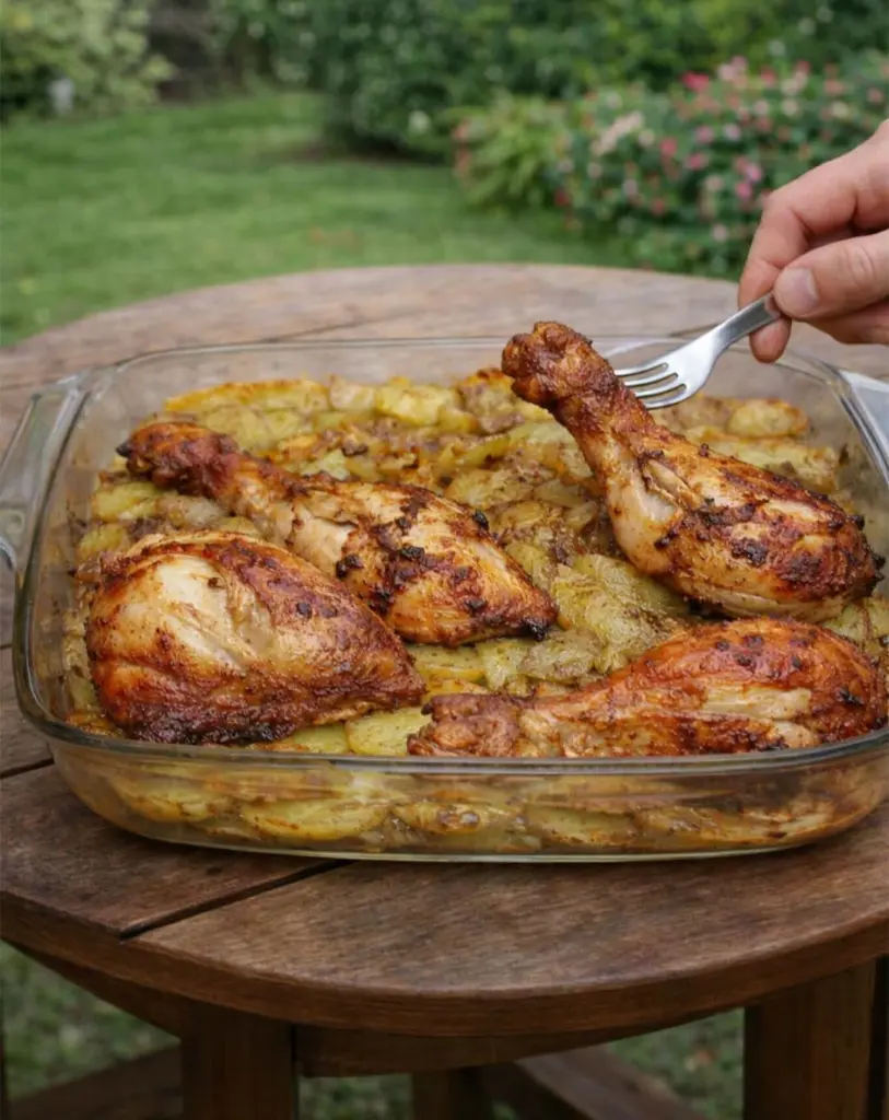 Poulet rôti au four aux pommes de terre et à l’ail : plat complet facile