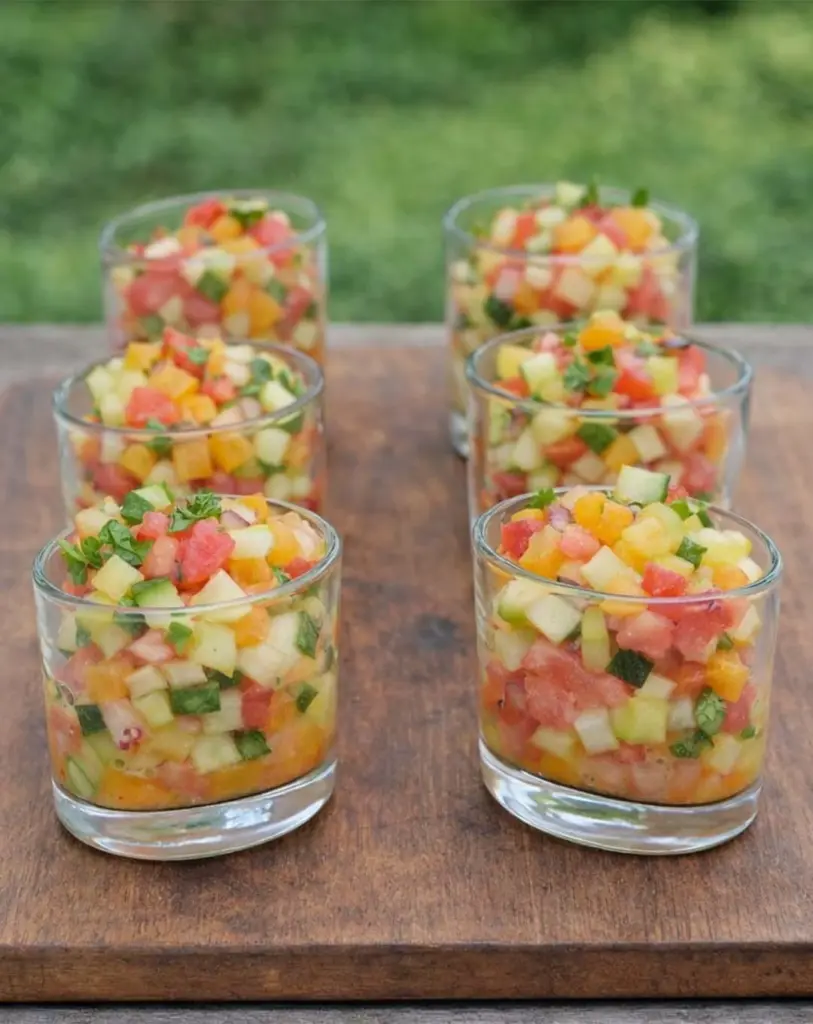 Verrines de tartare de légumes aux crevettes : entrée fraîche et légère