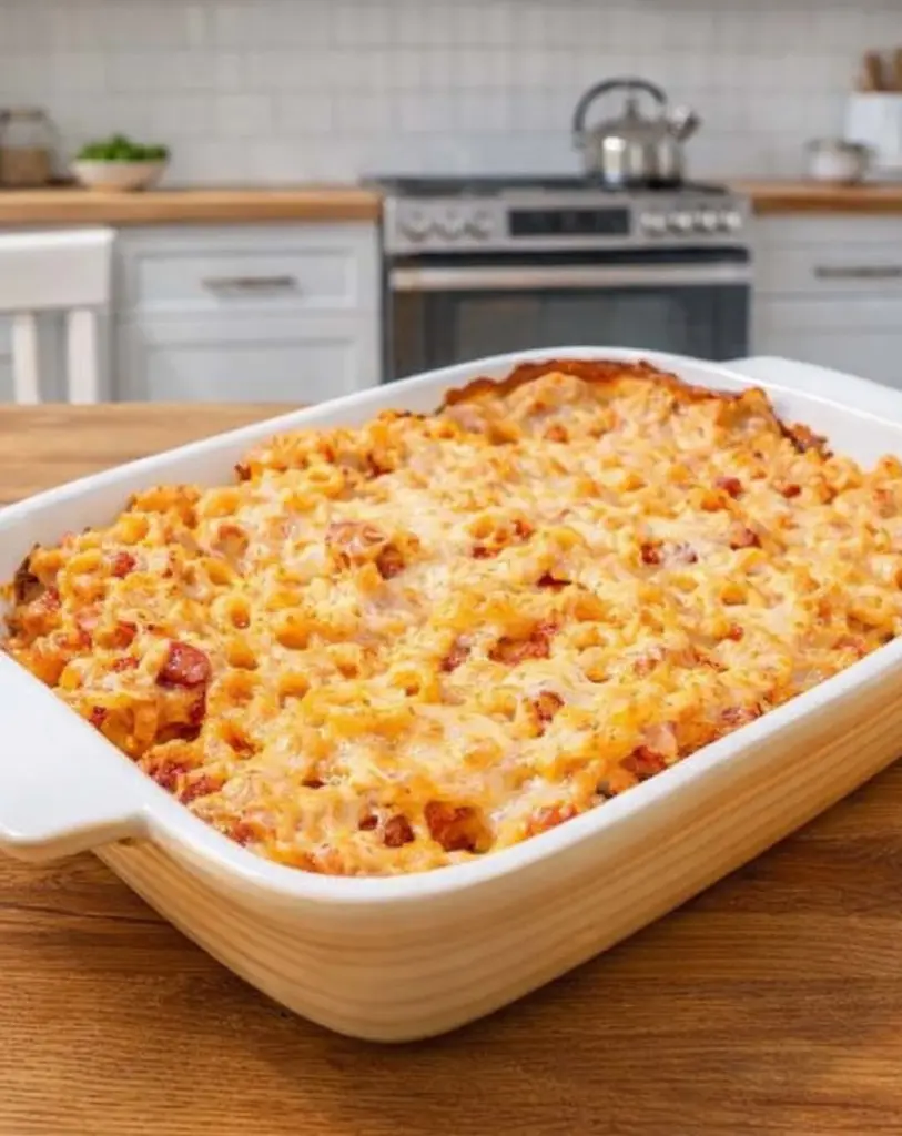 Gratin de coquillettes au jambon et à la crème plat familial en 20 minutes