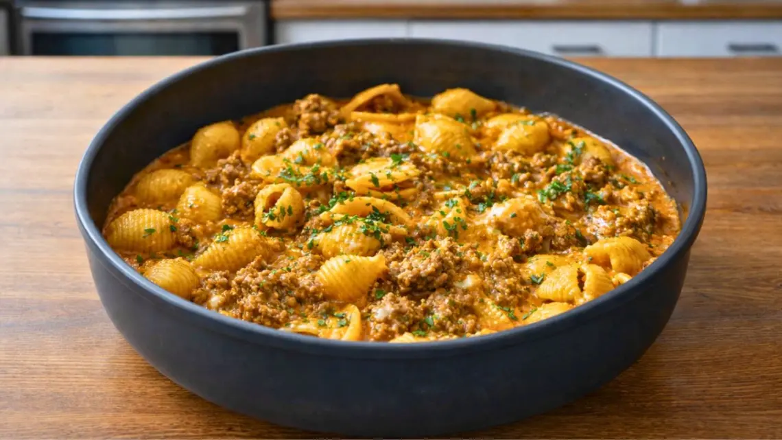 Pâtes crémeuses au bœuf haché et cheddar – prêtes en 30 minutes