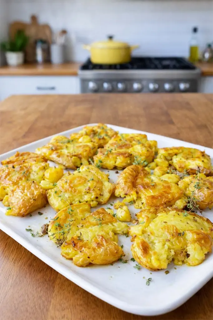 Pommes de terre écrasées à l’ail et au thym au four : recette facile et croustillante