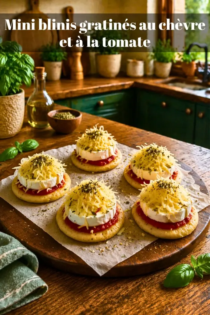 Mini blinis gratinés au chèvre et à la tomate : apéritif facile et rapide au four