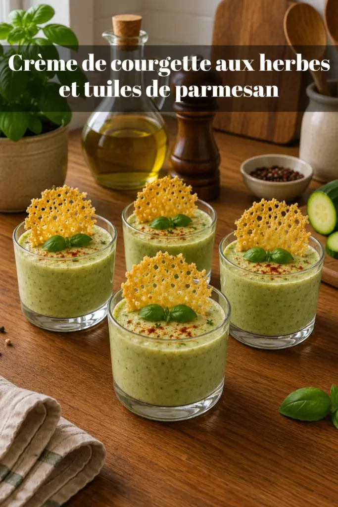 Crème de courgette aux herbes et tuiles de parmesan : une verrine fraîche et raffinée