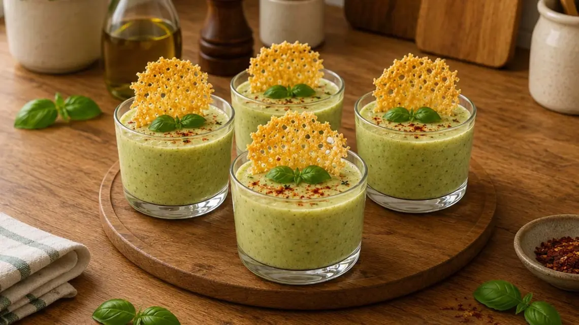Crème de courgette aux herbes et tuiles de parmesan : une verrine fraîche et raffinée