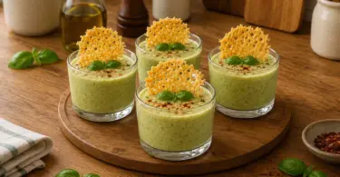 Crème de courgette aux herbes et tuiles de parmesan : une verrine fraîche et raffinée