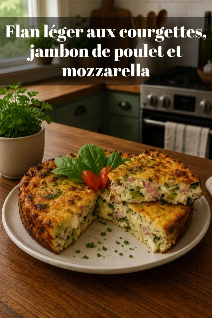Flan léger aux courgettes, jambon de poulet et mozzarella
