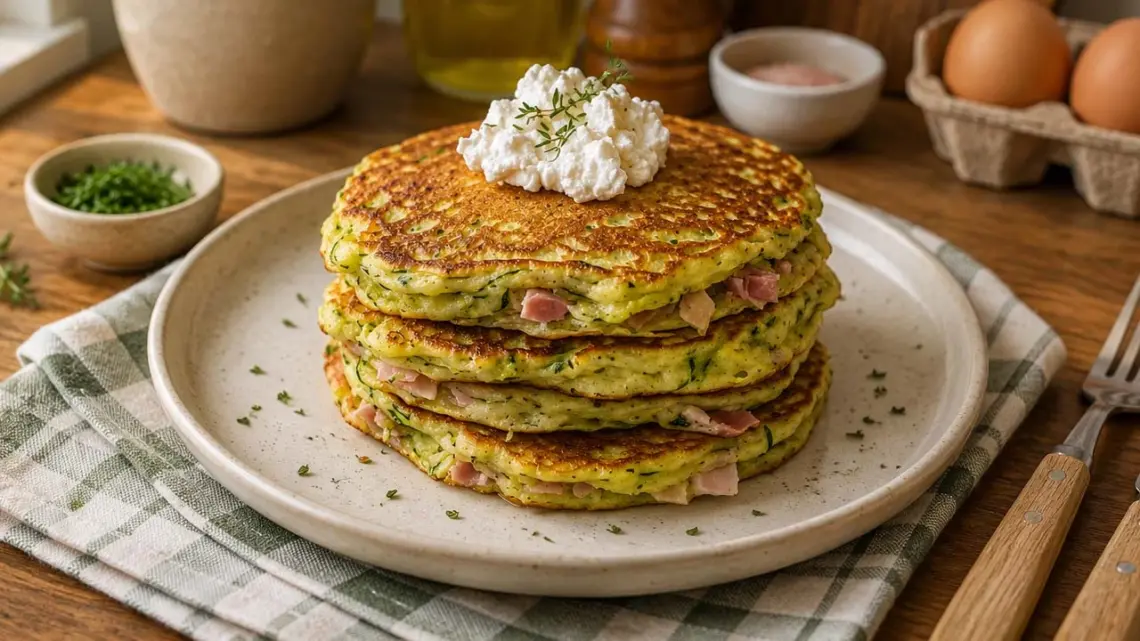 Pancakes de courgette au chèvre et jambon moelleux et savoureux