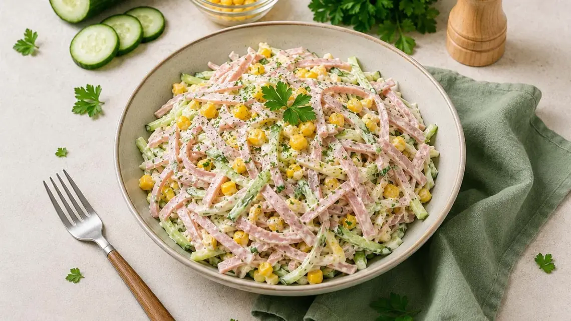Salade Minceur de Tagliatelles de Jambon, Concombre et Maïs : Recette Fraîche et Légère