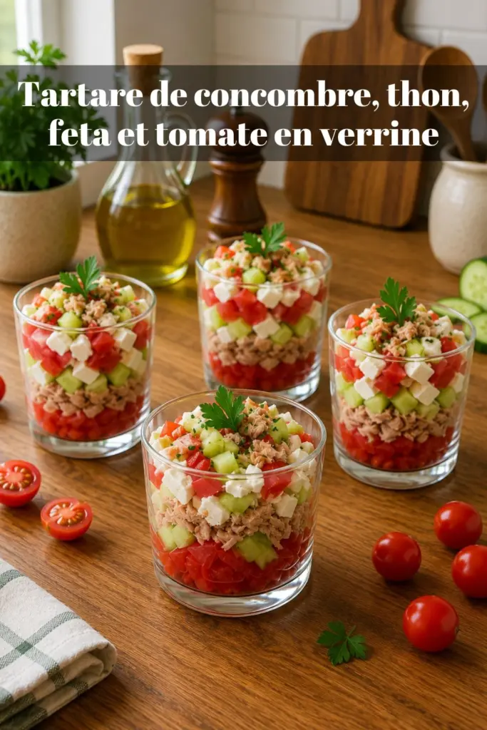 Tartare de concombre, thon, feta et tomate en verrine : une entrée fraîche et légère
