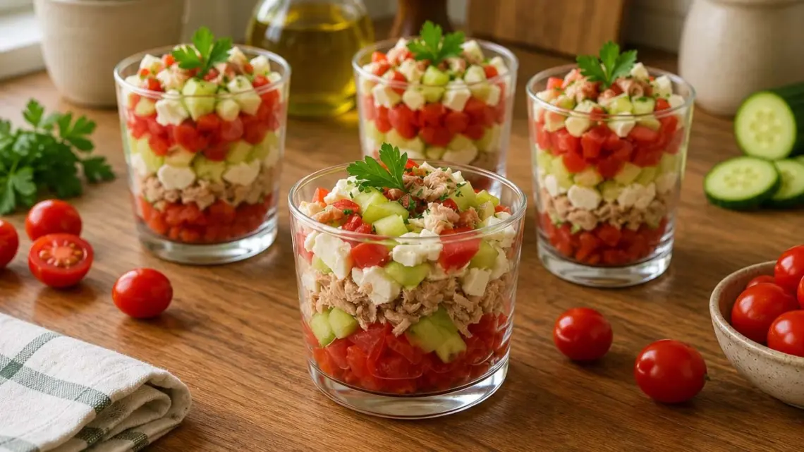 Tartare de concombre, thon, feta et tomate en verrine : une entrée fraîche et légère