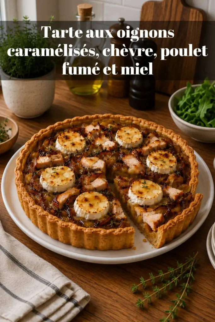Tarte aux oignons caramélisés, chèvre, poulet fumé et miel