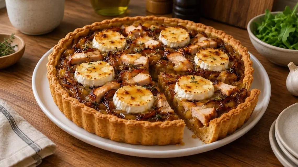 Tarte aux oignons caramélisés, chèvre, poulet fumé et miel