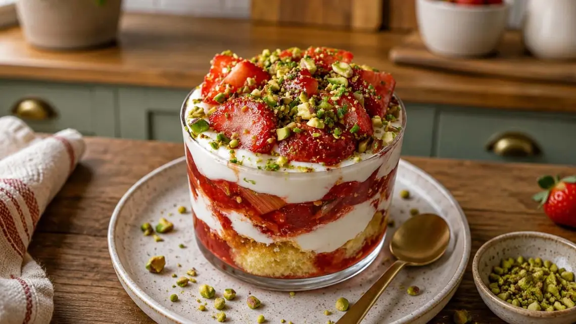 Verrines Rhubarbe, Fraise et Crème au Citron Vert : Un Dessert Frais, Léger et Raffiné aux Pistaches
