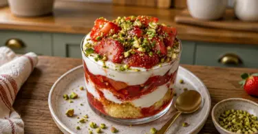 Verrines Rhubarbe, Fraise et Crème au Citron Vert : Un Dessert Frais, Léger et Raffiné aux Pistaches