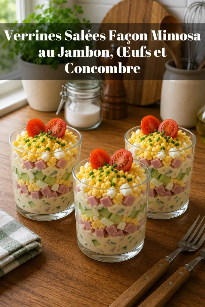 Verrines Salées Façon Mimosa au Jambon, Œufs et Concombre