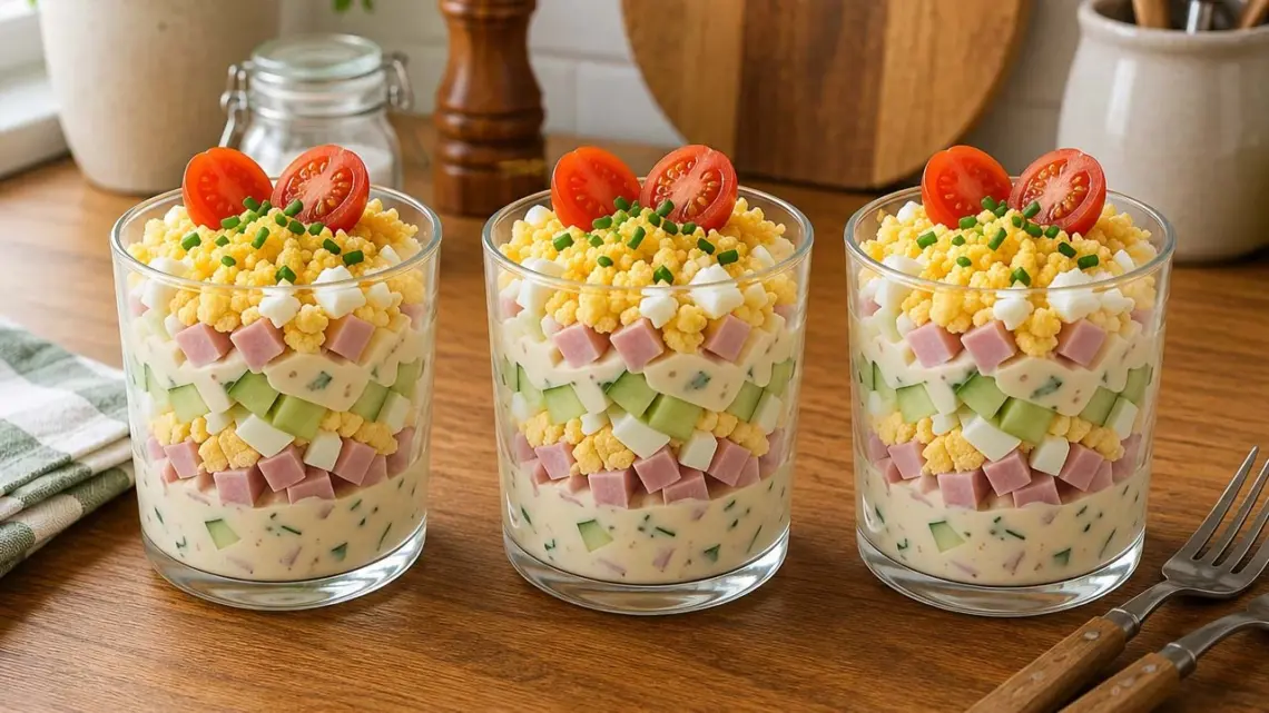 Verrines Salées Façon Mimosa au Jambon, Œufs et Concombre : Recette Fraîche et Facile