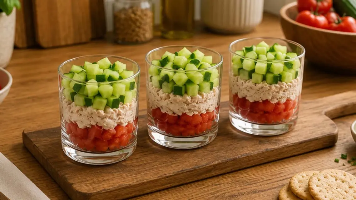 Verrines fraîches au thon, concombre et tomates : idée apéritif rapide et léger