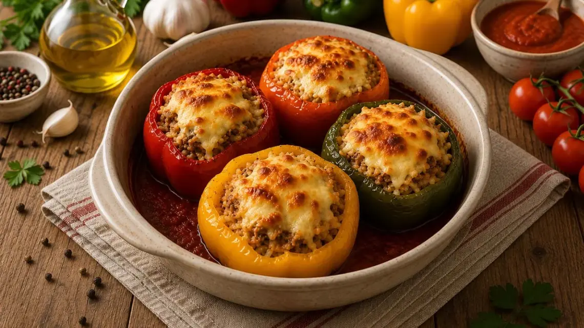 Poivrons farcis au thon, riz et fromage gratiné : la recette facile au four