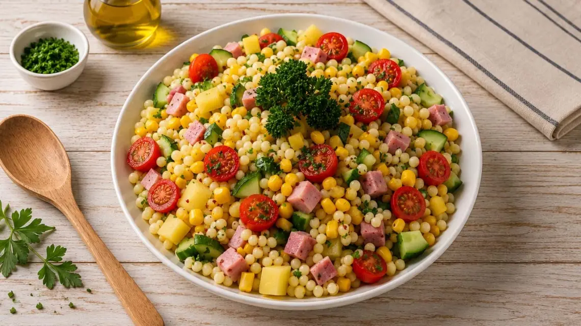 Salade de Perles au Jambon, Fromage et Légumes Croquants : Recette Fraîche et Facile