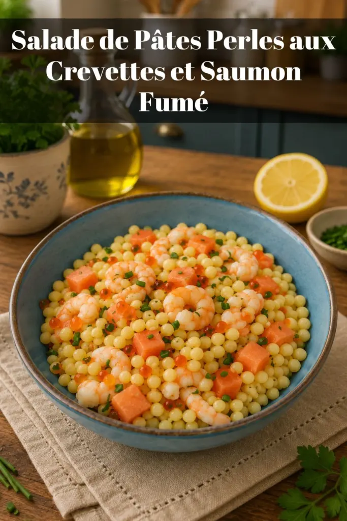 Salade de Pâtes Perles aux Crevettes et Saumon Fumé