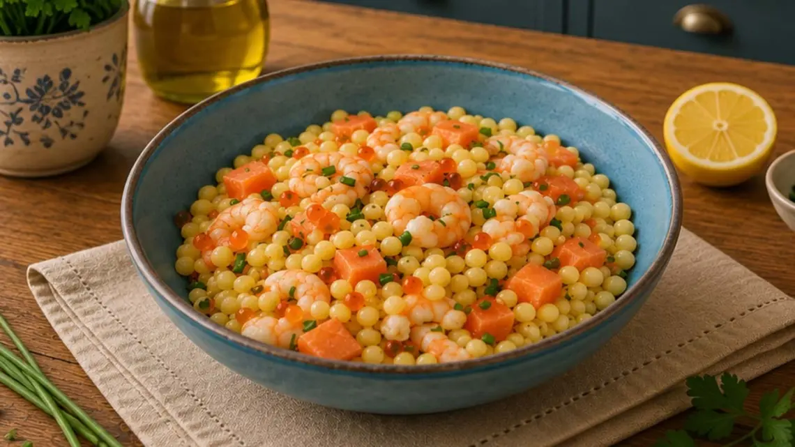 Salade de Pâtes Perles aux Crevettes et Saumon Fumé